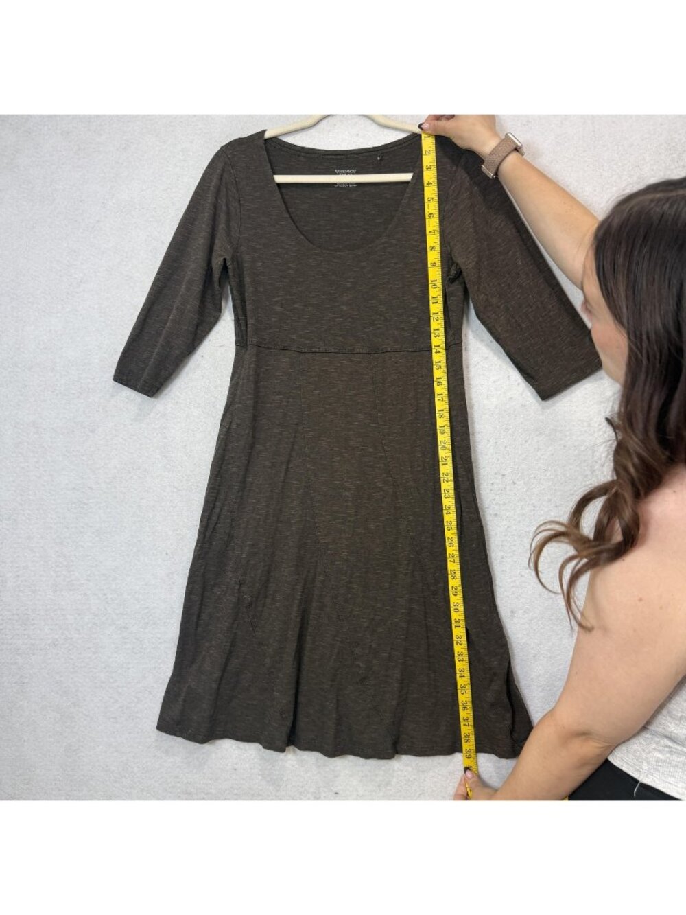 Toad&Co Dress Womens Medium Brown Scoop Neck 3/4 Sleeve Fit Flare Jersey Midi